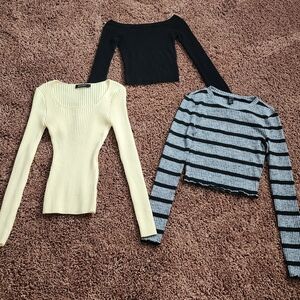 Ribbed Knit Sweater Trio - Black, Yellow, Gray Stripes